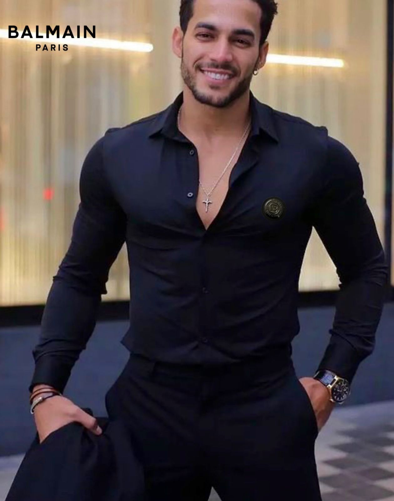 FIRST COPY BALMAIN IMPORTED SATIN LYCRA FABRIC FULL SLEEVE SHIRTS - Image 2