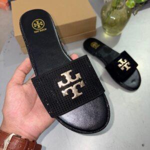 FIRST COPY Tory Burch Everly Slide Sandals Light Black Gold Crystal