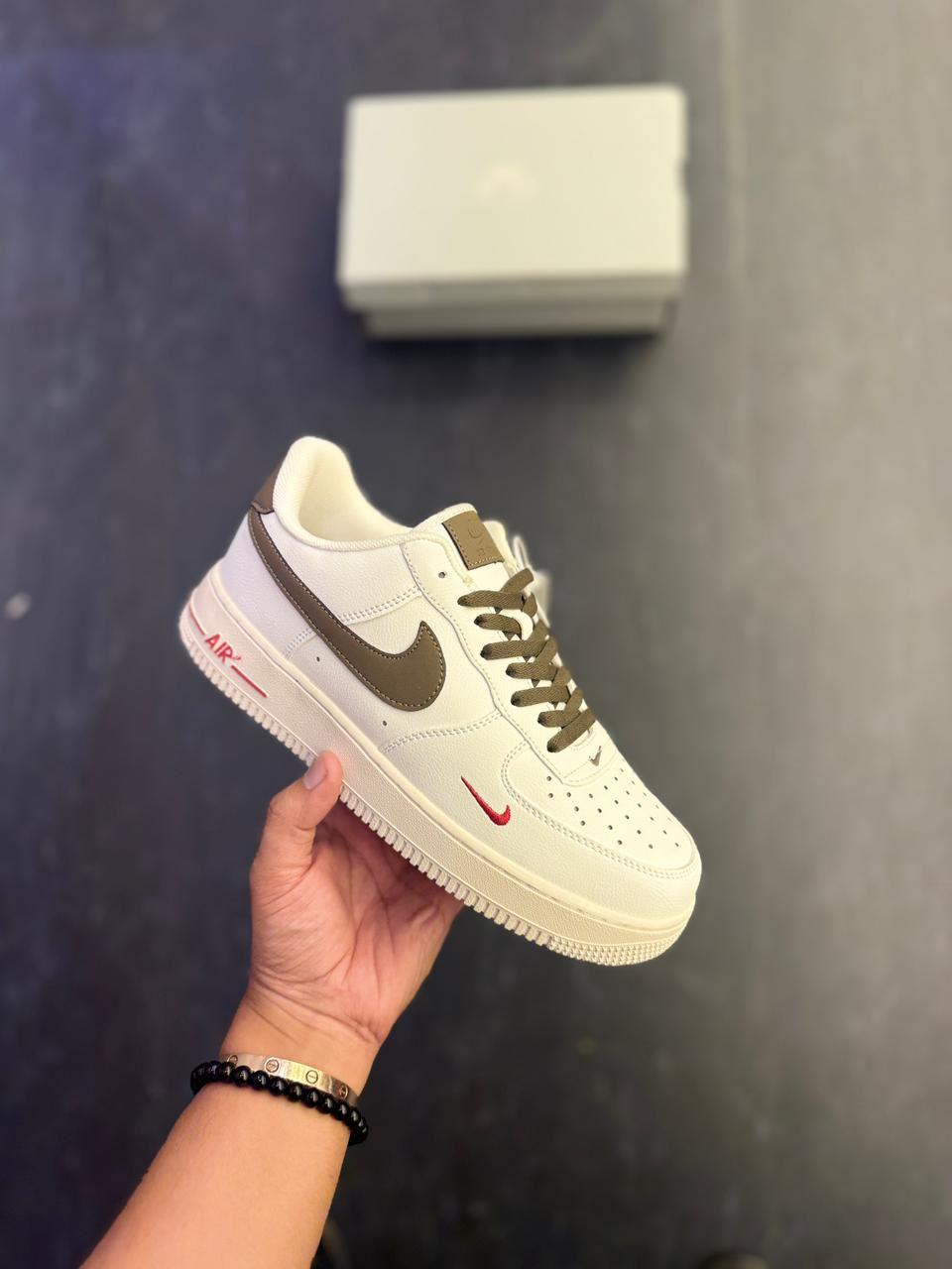 First Copy Nike Air Force 1 White Sneakers with Brown Swoosh