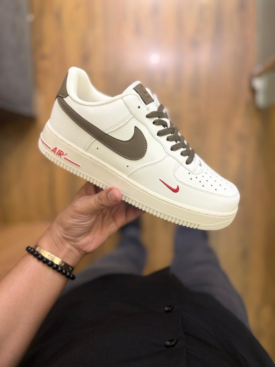First Copy Nike Air Force 1 White Sneakers with Brown Swoosh - Image 2